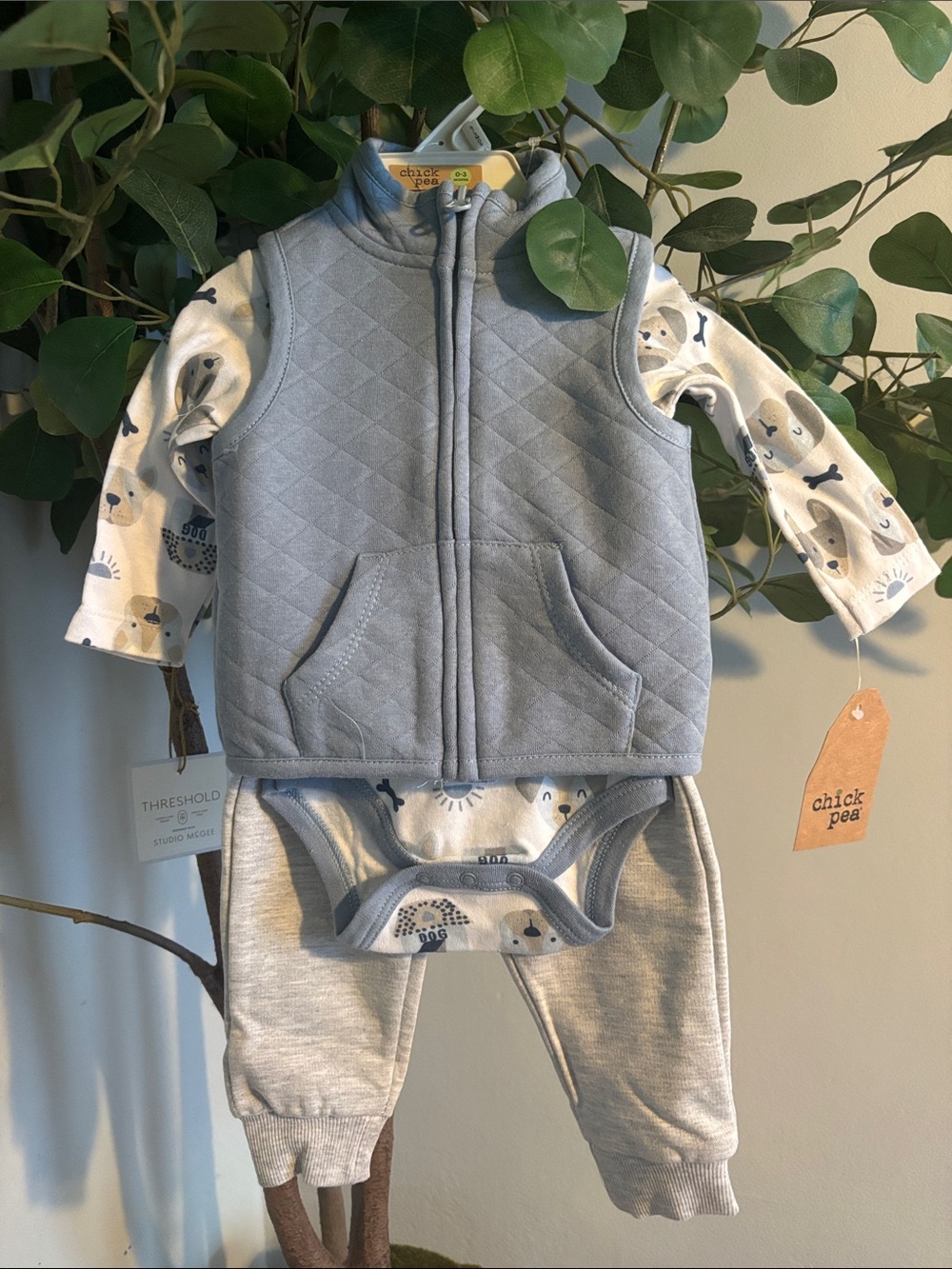 chick pea Light Blue Quilted Vest Set with Dog-Print Bodysuit and Gray Pan 3 pcs